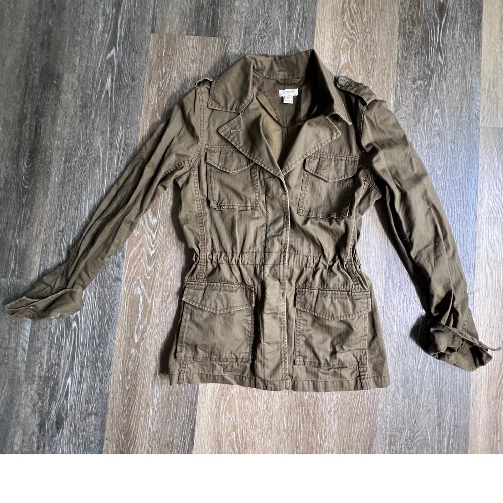 J.Crew Field Jacket Women XS Olive Green Herringbone‎ Utility Military Epaulet
